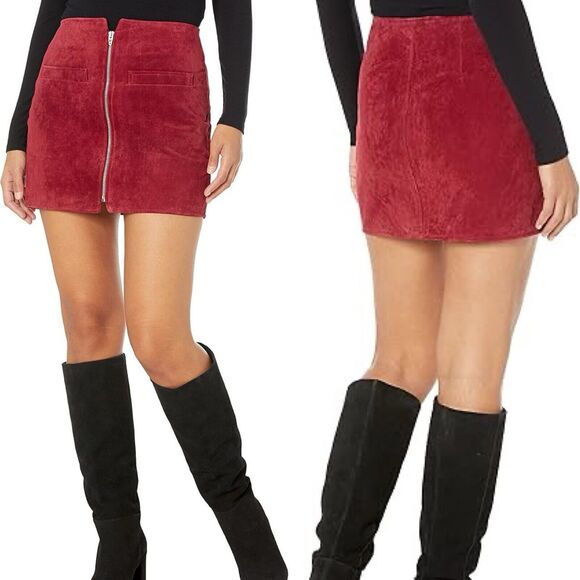 100% Suede Leather Fire Away Blank NYC Skirt Burgundy Full Zip 28 - Picture 1 of 10